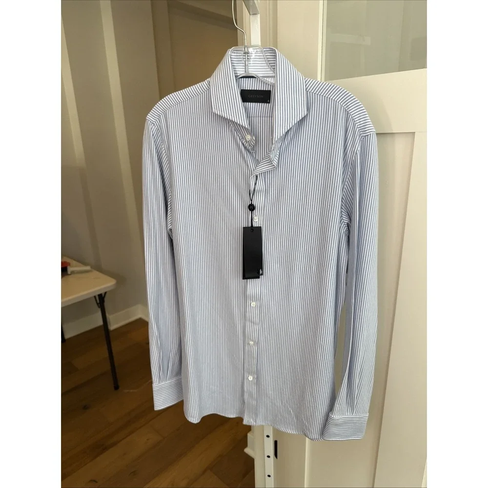 Greyson Men's Blue White Stripe Stretch Dress Shirt Small NWT Luxury